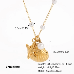 Detail of stainless steel ocean necklace with shell and starfish charms, 41.5+5cm length