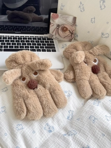 Close-up of cute plush dog mittens in khaki brown with 3D ears and soft fur texture