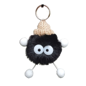 Cute black plush soot sprite doll with beige knit hat for DIY shoelace decor