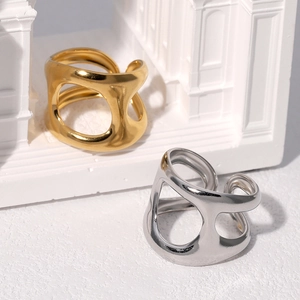 Bague Ouverte Géométrique Creuse Acier Inoxydable Plaqué Or 18K Minimaliste Irrégulier Large Réglable Pour Femme