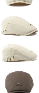 Detail of adjustable metal buckle and breathable linen texture on vintage flat caps