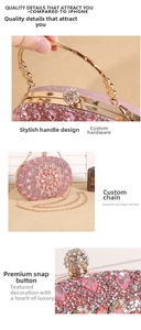 Detail of pink crystal sunflower evening bag with luxury water drop gems and gold handle