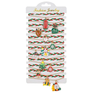 Handmade woven Christmas bracelet set with Santa, reindeer and tree charms in red and green