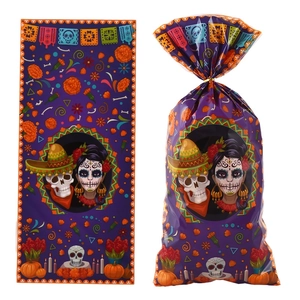 Flat and 3D filled view of purple Day of the Dead candy bags with colorful skull patterns