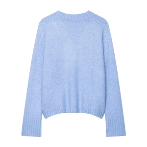 Sky blue long sleeve knit sweater with ribbed cuffs and loose drop shoulder design