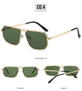 Three-view display of aviator sunglasses with gold metal frame and dark green lenses