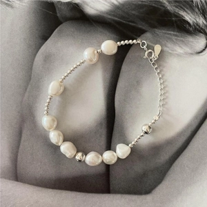 Baroque freshwater pearl and S925 sterling silver beaded bracelet with adjustable chain