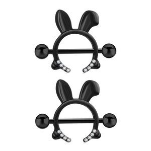Detail of black rabbit ear nipple rings with sparkling white rhinestones on white backdrop