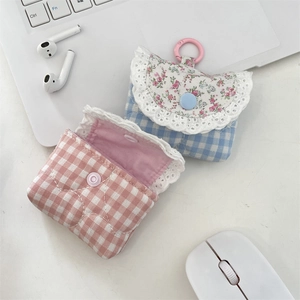 Quilted lace earphone cases in pink and blue plaid for wireless earbuds with hook