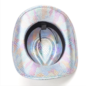 Shiny holographic fish scale cowboy hat with iridescent metallic finish for parties