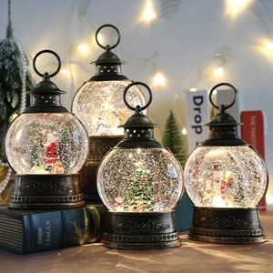Christmas Snow Globe Lantern Lighted Water Glittering Retro Bronze Plastic Music Box Santa Snowman Decor Gift