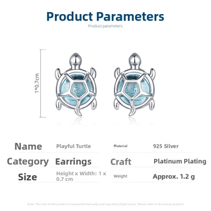 Detailed view of 925 silver turtle stud earrings with blue resin shell and measurements