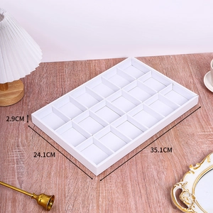 White 18-compartment jewelry tray dimensions showing 35.1cm x 24.1cm x 2.9cm size