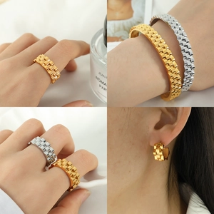 Watchband style gold and silver plated jewelry set with ring, earrings and open bangle
