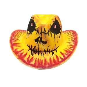Macro shot of Halloween cowboy hat featuring scarecrow face paint and orange gradient brim