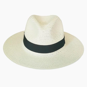 Close-up of the fine weave and black ribbon detail on a classic white Panama straw hat