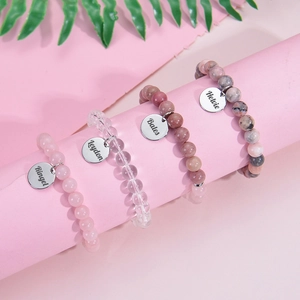Customized stainless steel name charm bracelet with colorful natural stone beads and charms