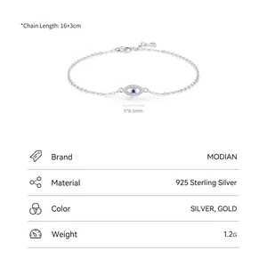 925 Sterling Silver Evil Eye Bracelet with blue zircon and adjustable chain link