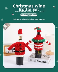 Detailed view of knitted Christmas wine bottle covers in sweater and elf styles
