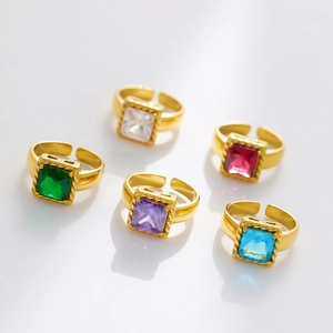 Adjustable gold rings with colorful square zircon stones and vintage braided metal frame
