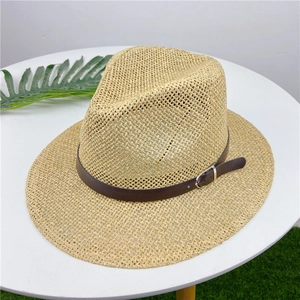 Classic straw fedora hat with natural weave and brown leather belt for sun protection
