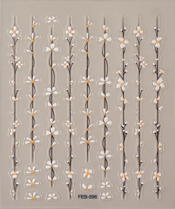 Detailed 5D relief nail stickers with white flowers and black vines, model FEB-896