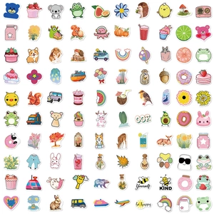 Flat lay of 100 cute waterproof stickers with colorful animal and plant patterns