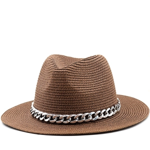 Summer Wide Brim Fedora Straw Hat Silver Chain For Men Women Sun Protection Beach Outdoor Vacation