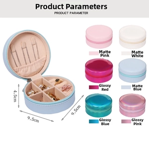 Macro view of round PU leather jewelry box with 9.5cm diameter and zip closure detail