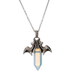 Silver bat wing necklace with hexagonal opal crystal pendant on white background