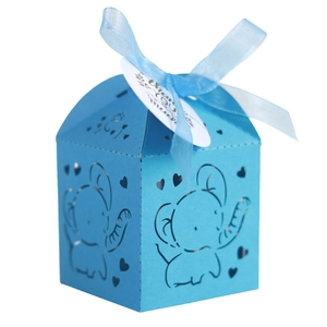 Blue elephant cutout party favor box with Thank You tag and silk ribbon decoration