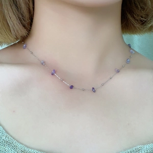 Irregular purple natural stone necklace with fine silver stainless steel chain on model