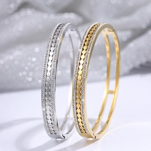 Elegant gold and silver titanium steel star bangles with double row rhinestones