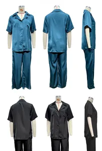 Detail view of peacock blue silk satin pajama set with short sleeve top and long pants