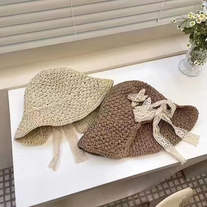 Women's woven straw sun hat with lace bow tie in cream and coffee brown colors
