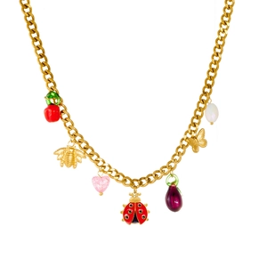 Detail of gold chain necklace with colorful ladybug, bee and heart charms