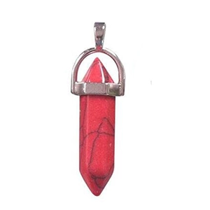 Macro detail of hexagonal red natural stone pendant with black veins and metal clasp