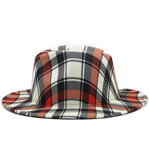 British style wide brim felt fedora hat with classic red and black plaid pattern