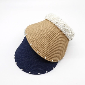 Straw sun visor with pearls in khaki and navy blue colors for summer beach protection