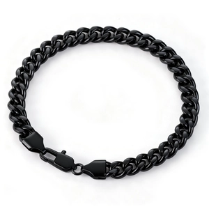 Detail of all black stainless steel Cuban chain bracelet with secure flat buckle clasp