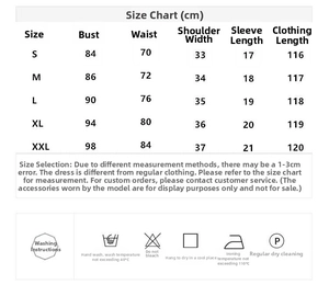 Guide des tailles avec mesures de poitrine et taille pour la robe à broderie