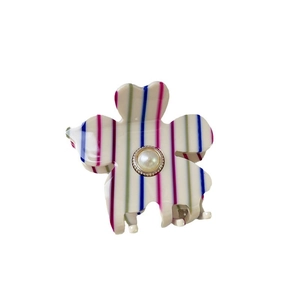 French style striped flower hair claw clip with pearl center on white background
