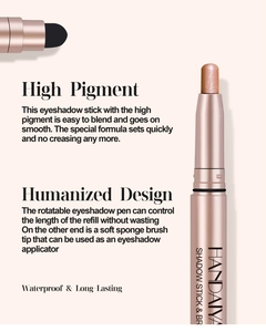 Detail of rose gold double-ended shadow stick with shimmer texture and sponge brush tip