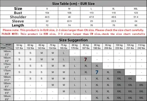 Detailed European size chart for men's solid cotton T-shirt showing S to XXL measurements