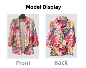 Front and back detail of a floral print blazer with vibrant colorful flower patterns