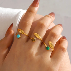 Bague Ouverte Plume Feuille Bohème En Acier Inoxydable Avec Pierre Naturelle Bijou Réglable Style Vintage Pour Femme
