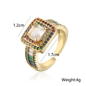 Detailed 45-degree angle view of 18K gold ring with multi-color zircon stones