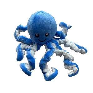 Blue and white plush octopus dog squeaky toy with curly tentacles and soft texture
