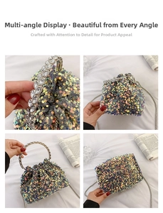 Detail view of sparkly sequin bucket bag with rhinestone handle and metal chain strap