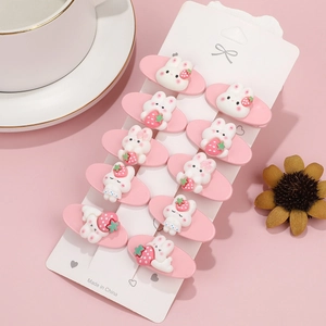 Cute Pink Bunny Strawberry Hair Clips For Girls Baby Fashion Resin Side Clips Lovely Hair Accessories For Kids Women